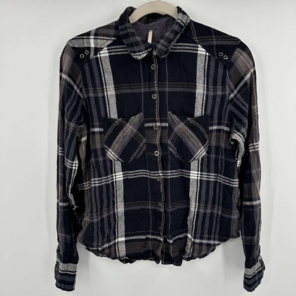 Free People Shirt Womens XS Black Gray Plaid Button Down Flannel Grommet Pockets